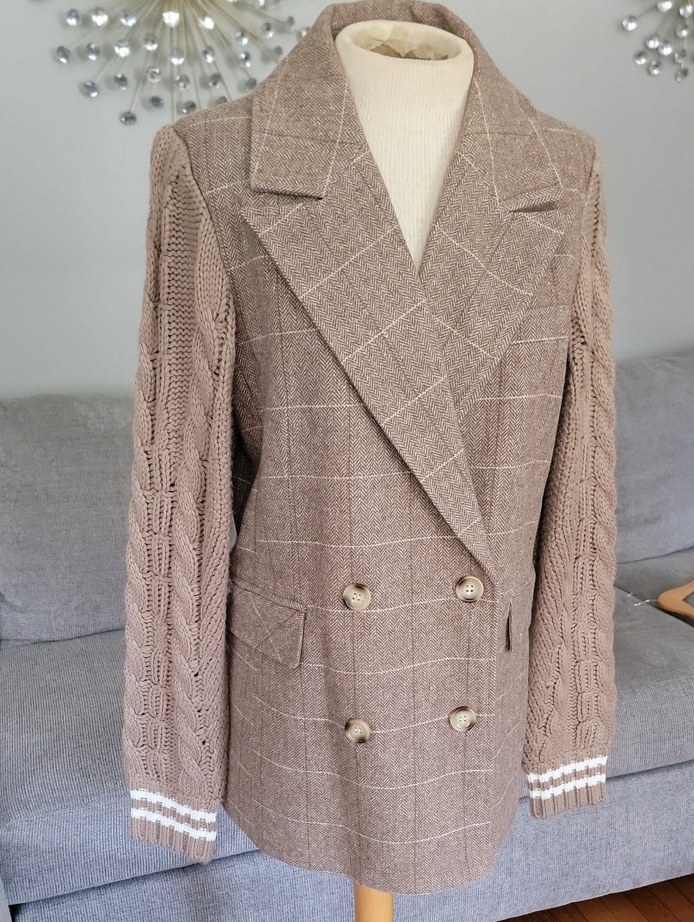 Avec Les Filles Taupe Plaid Double-Breasted Blazer with Cable Knit Sleeves.